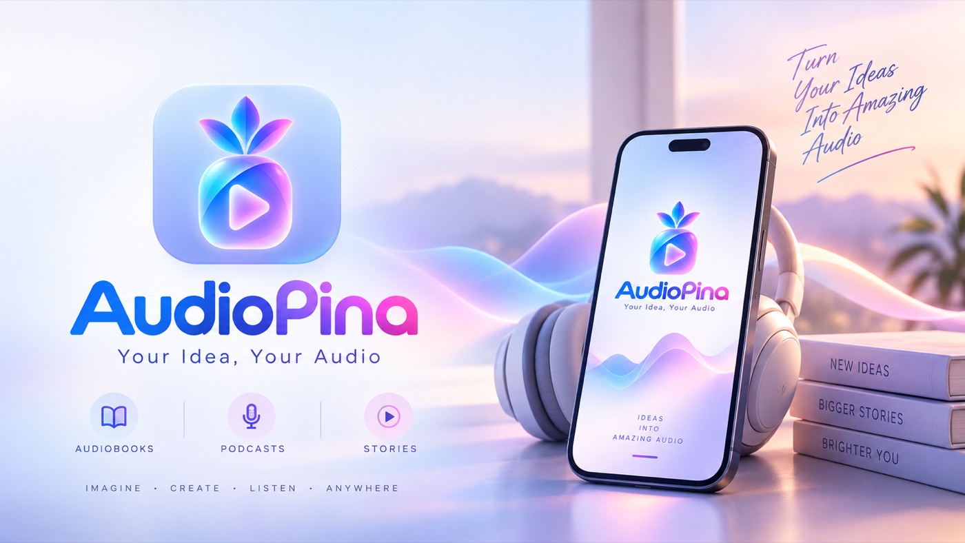 AudioPina app screen and a podcast microphone, representing an AI-generated podcast