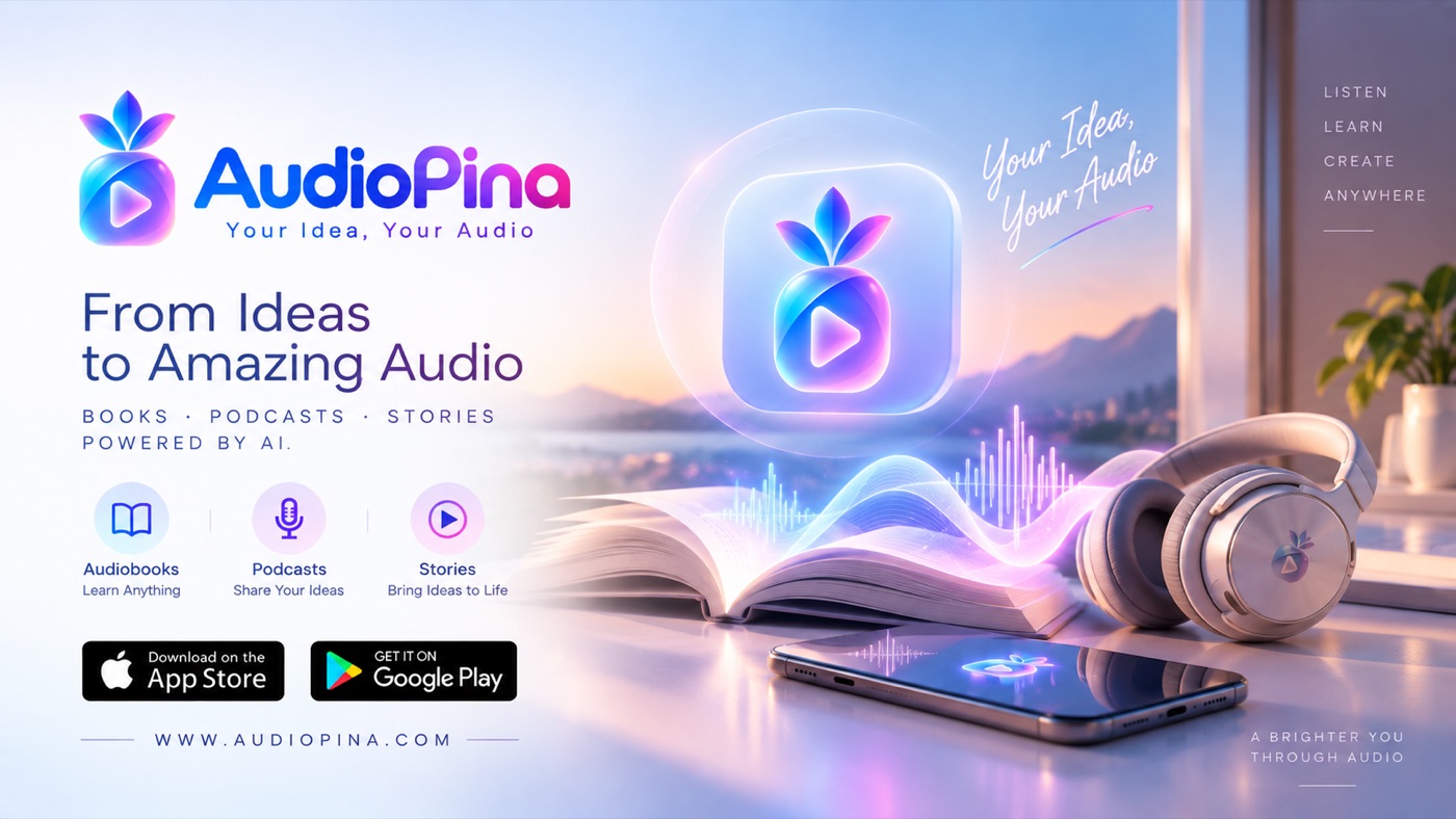 A stack of books beside a phone running AudioPina, representing an AI-generated audiobook
