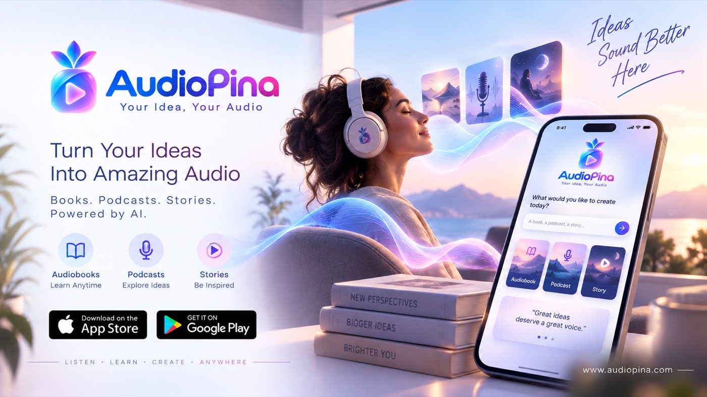 A listener relaxing with headphones next to the AudioPina app showing audiobook, podcast, and story options