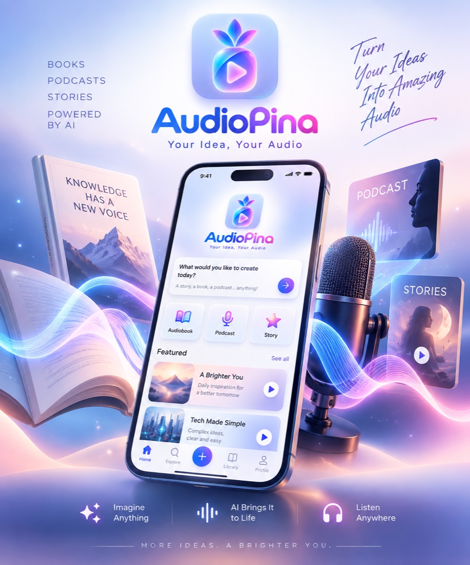 AudioPina app screen surrounded by an audiobook, a podcast microphone, and story artwork